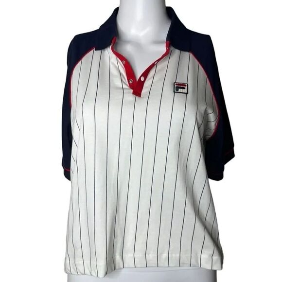 Fila Collared Short Sleeve Baseball Style tee White & Blue Size Medium - Picture 1 of 3